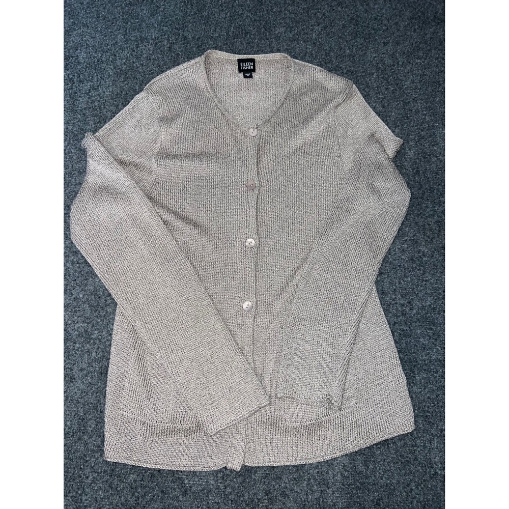 Eileen Fisher Metallic Silk Blend Button Front Cardigan Silver Medium